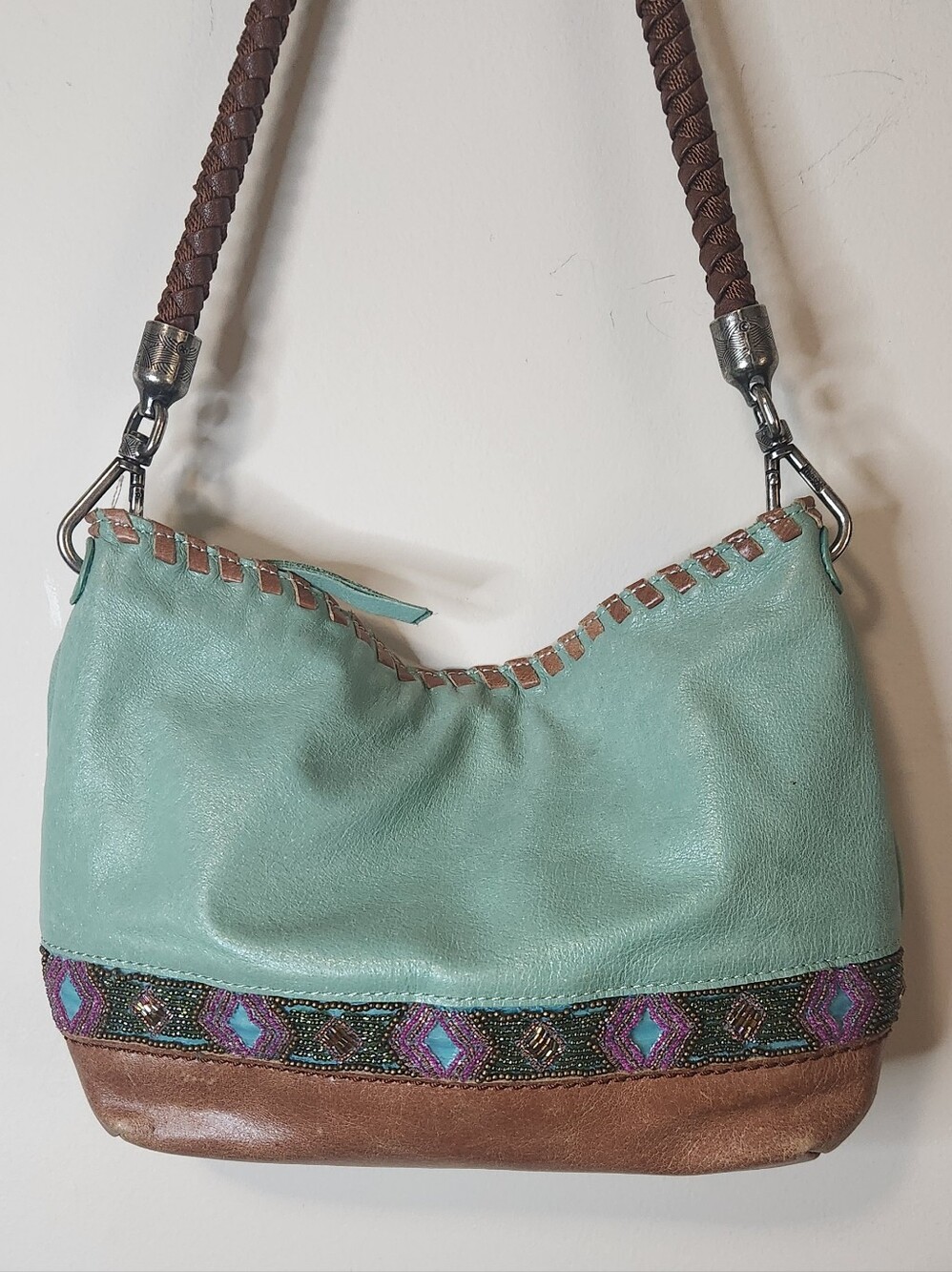 The Sak Indio Leather Shoulder Bag. Green Brown. Braided Strap. - Picture 2 of 9